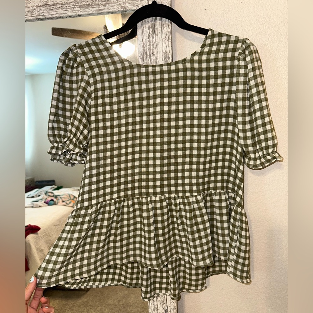 Francesca's Olive Checkered Peplum Blouse